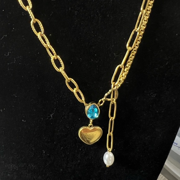 Gold plated stainless steel Necklace with Heart blue pearl Pendant 18” - Picture 2 of 3